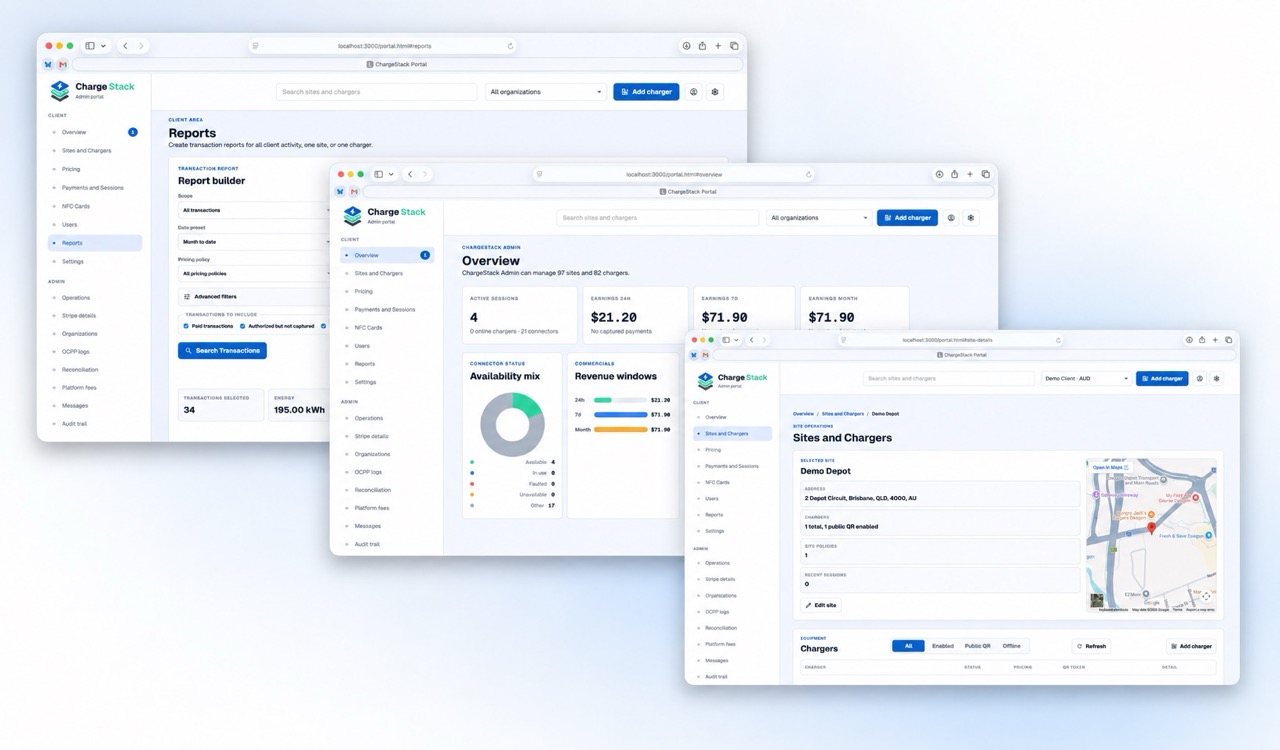 ChargeStack operations dashboard for charger sessions and reporting.