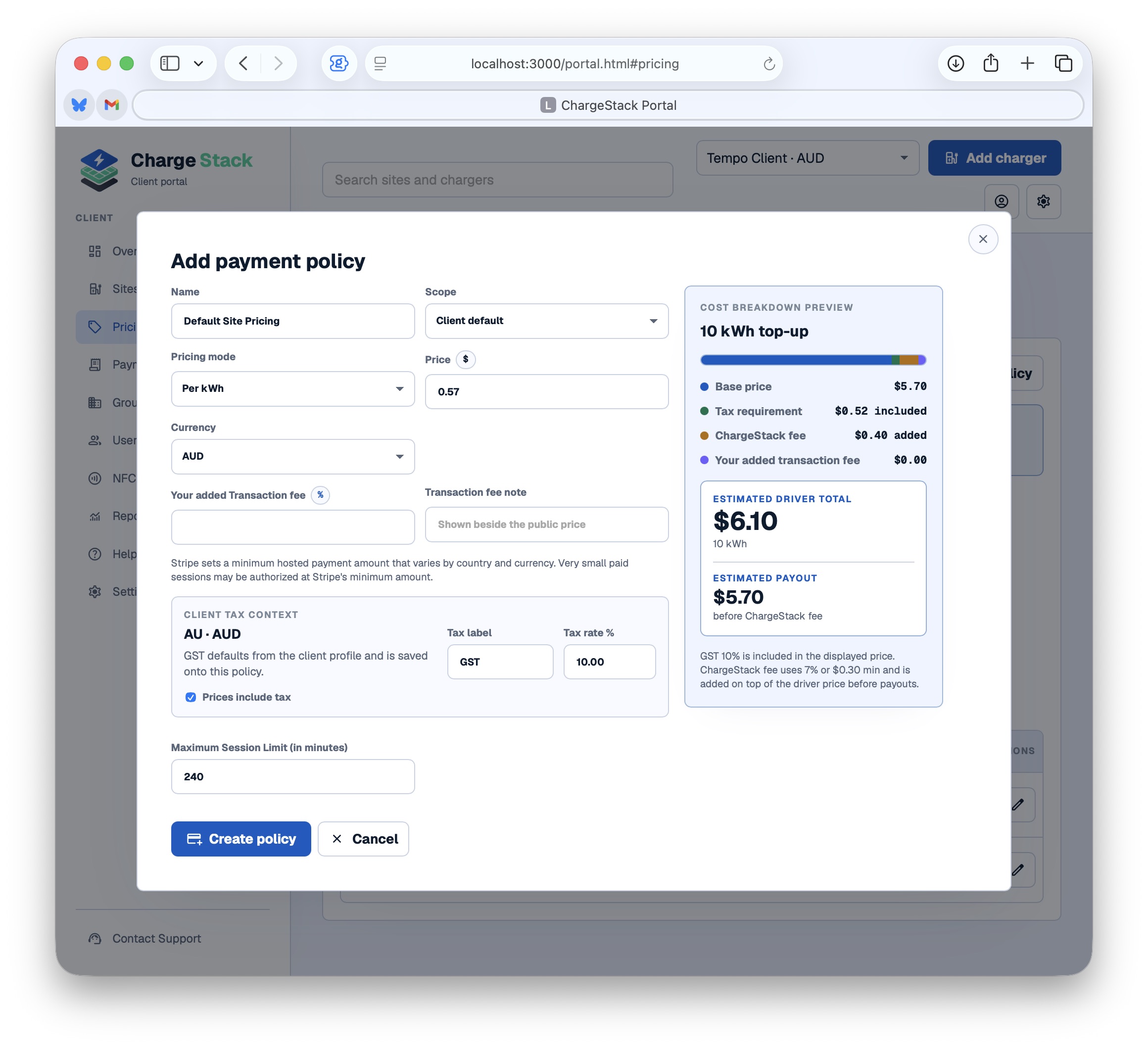 ChargeStack add payment policy modal with pricing mode, currency, tax context, session limit, and cost breakdown preview.