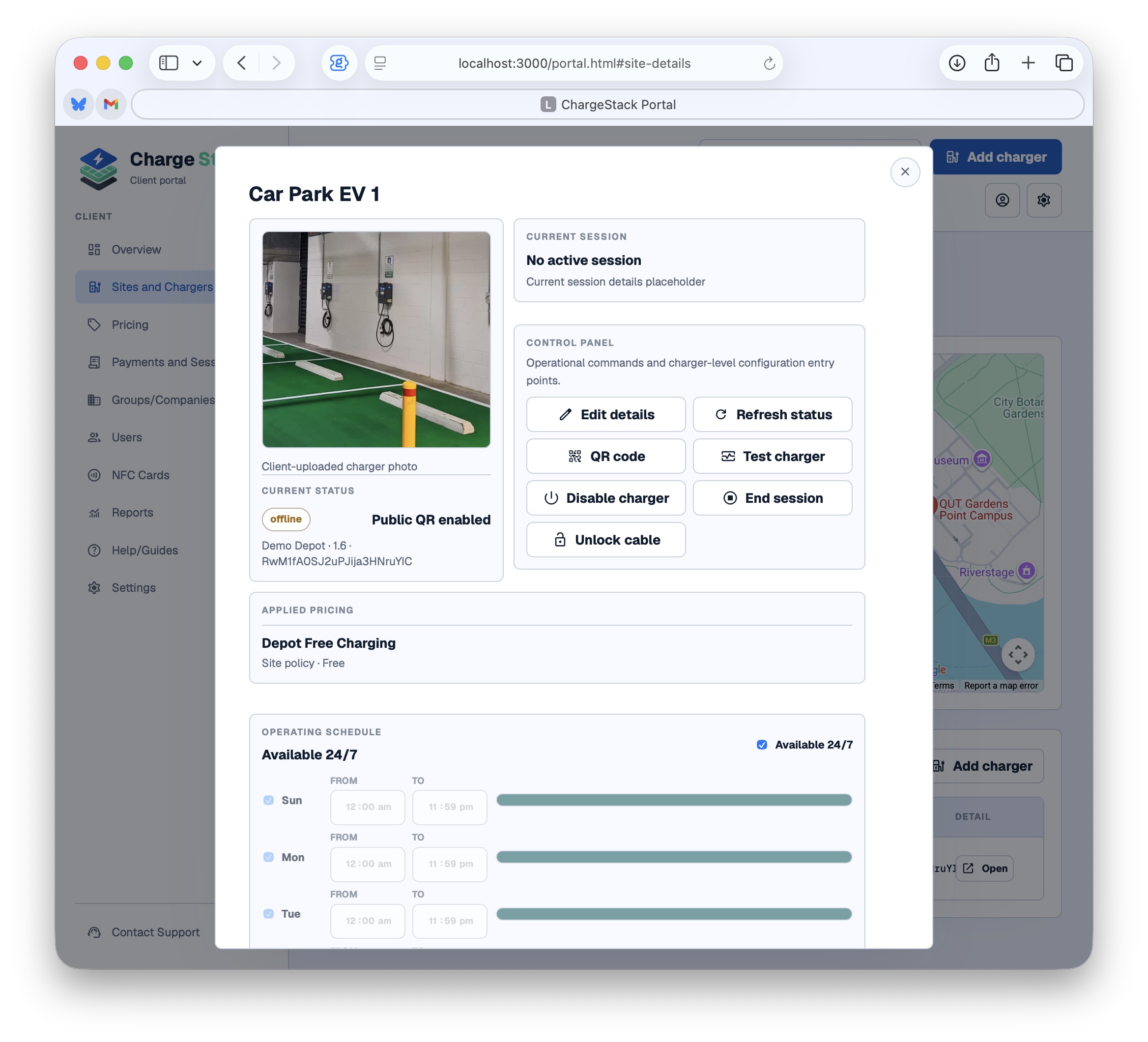 ChargeStack charger details modal with charger photo, current status, control panel, pricing, and operating schedule.