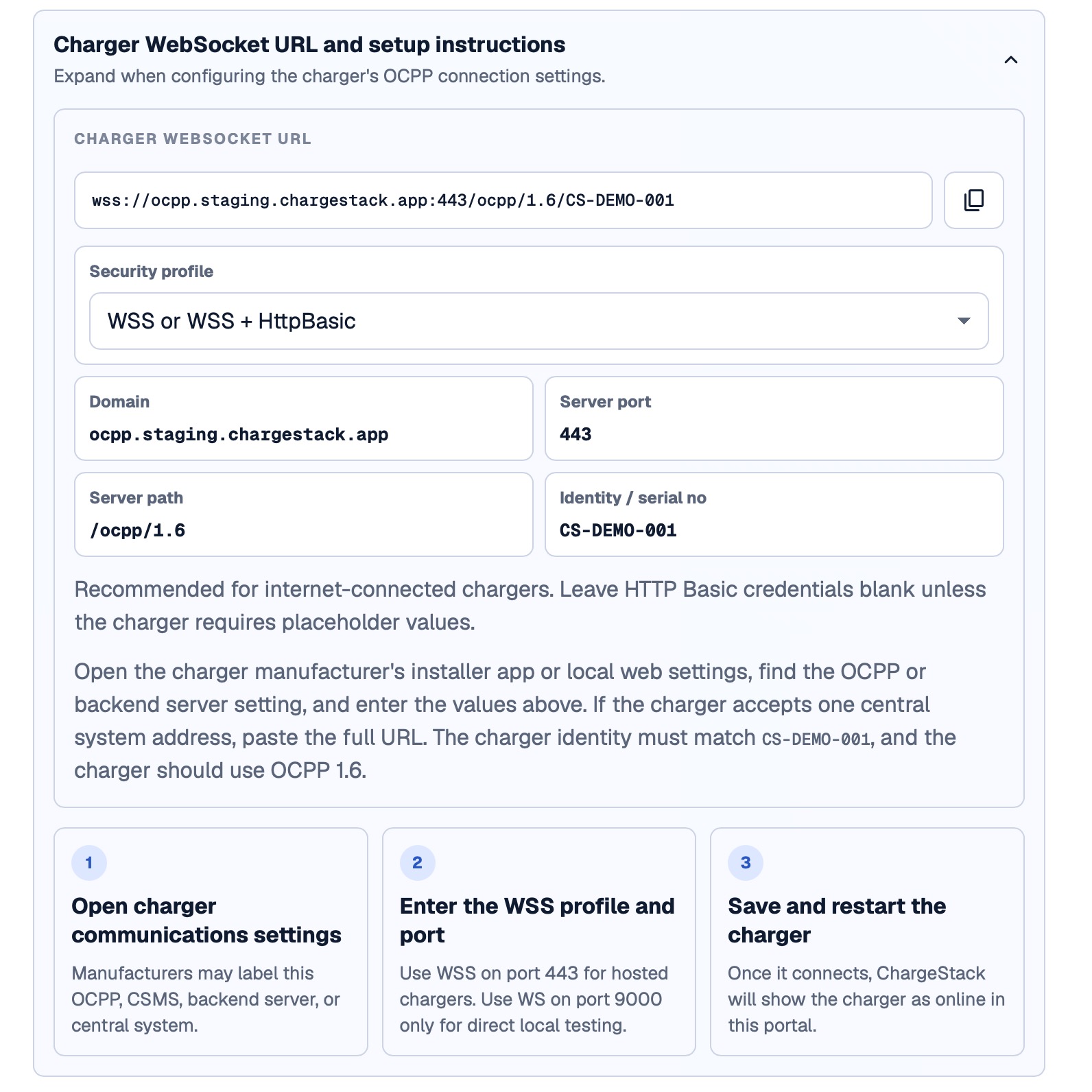 ChargeStack charger WebSocket URL and OCPP setup instructions.