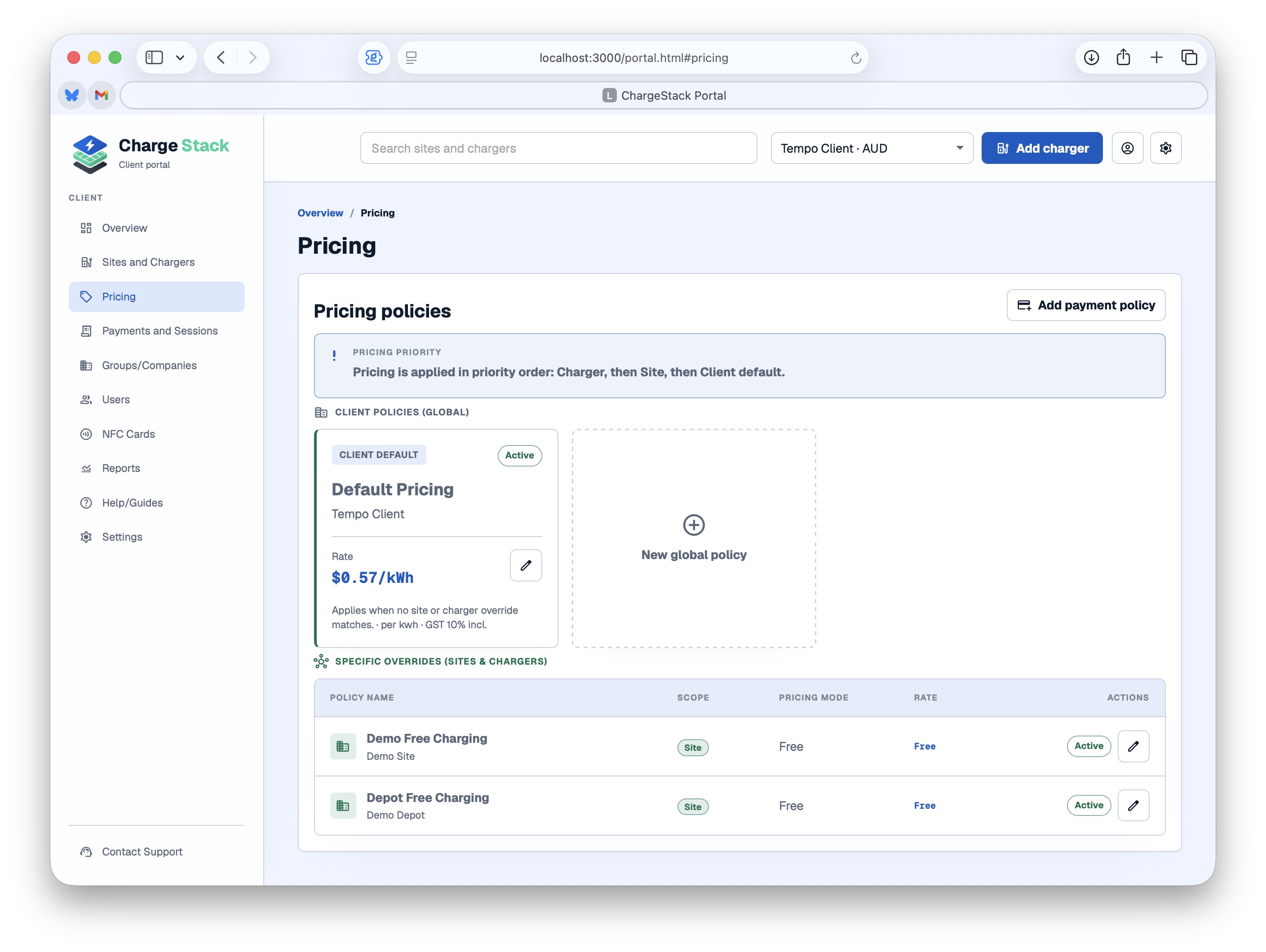 ChargeStack pricing policies screen with client default pricing, specific site overrides, and policy priority information.