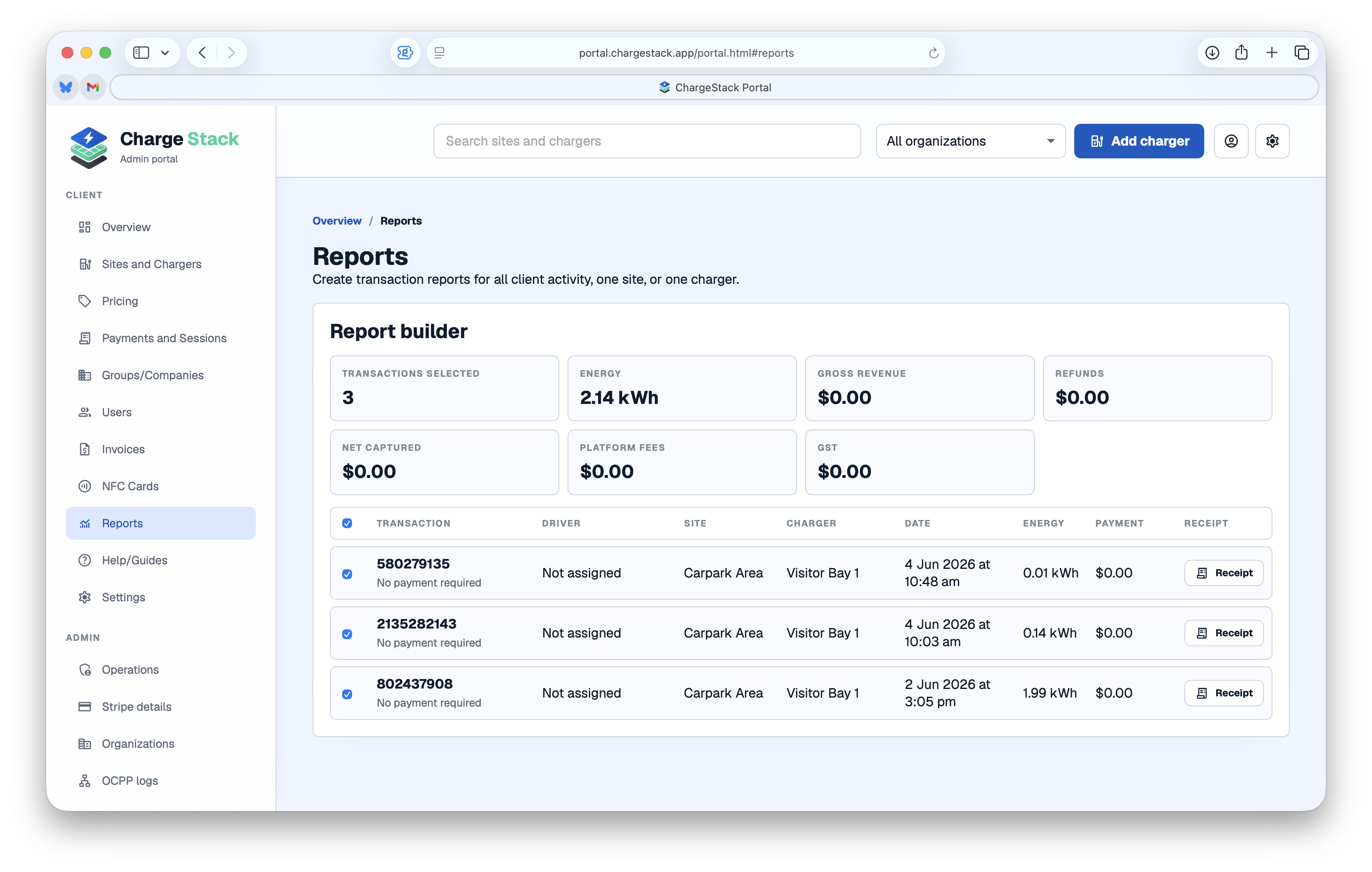 ChargeStack report builder with selected transactions, energy, revenue, refunds, GST, and receipt actions.